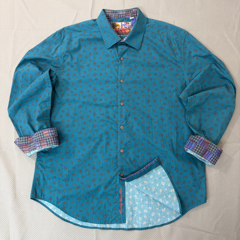 Robert Graham Button Down Mens XL Teal Paisley Classic Fit Plaid Flip Cuff
